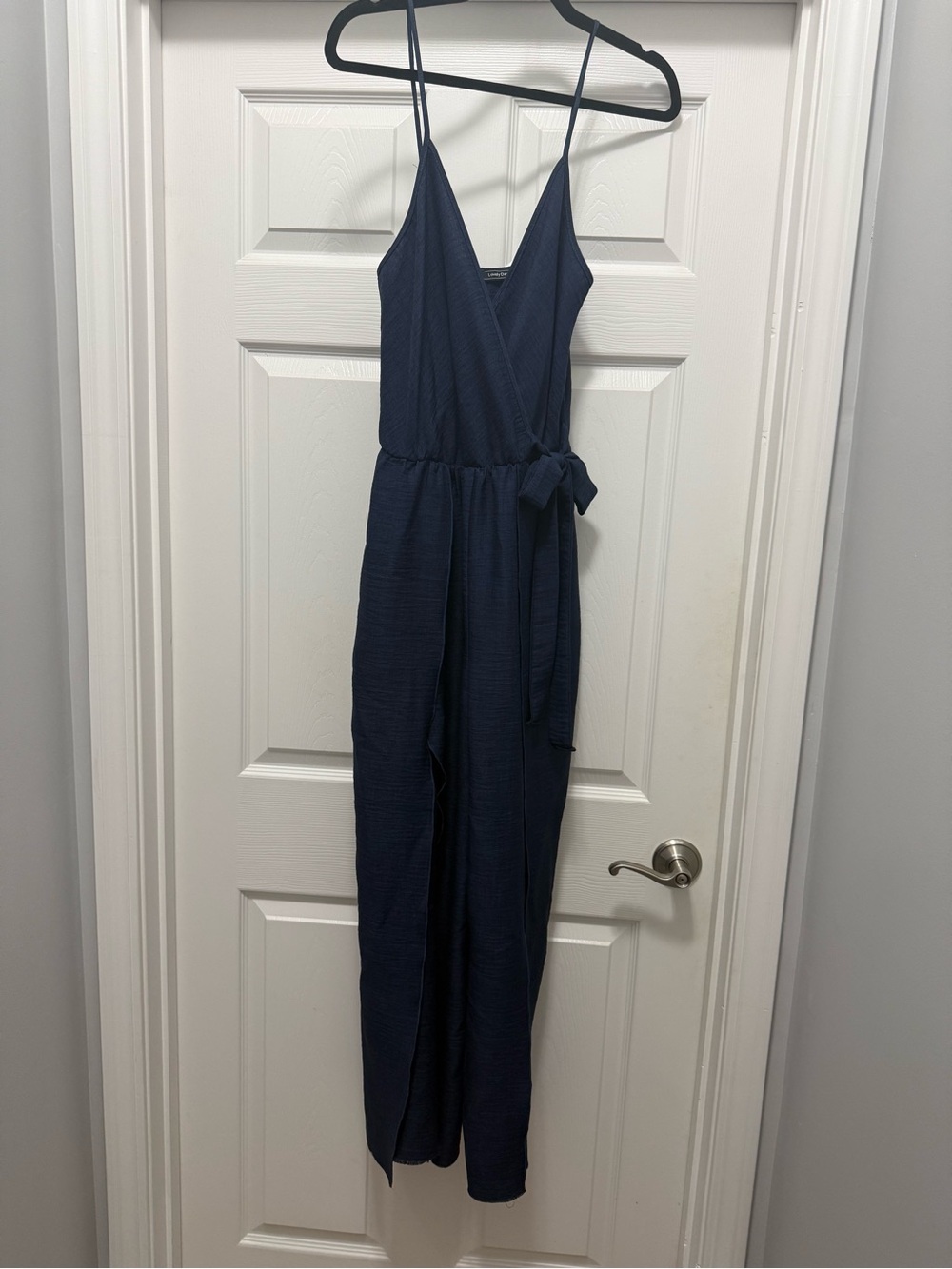 Lovely Day Navy Spaghetti-Strap Wrap Jumpsuit with Waist Tie